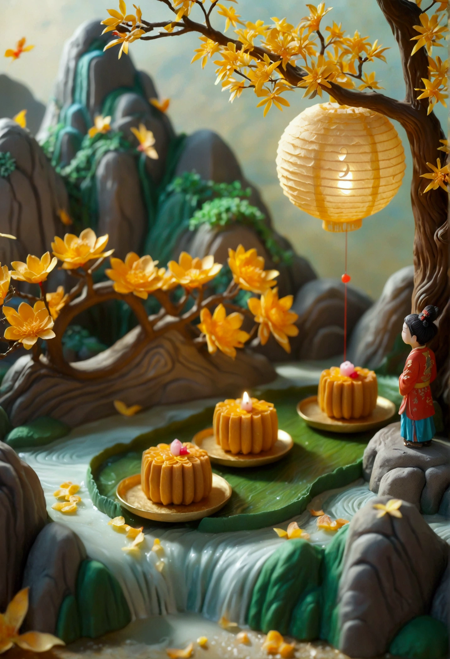 (3D Art，3D Style), (Mid-Autumn Festival:1.5)，Macro lens，desktop，Mid-Autumn Festival，Mini mooncakes，Miniature villains，osmanthus tree，A little person sawing a mooncake，Transporting mooncakes，Half mooncakes with flowing filling，The moon hangs in the sky，desktop散落桂花瓣，Colorful mountains and rivers，蜿蜒的river，Small boat，There is a path on the mountain，There is a small house，(Aesthetics and aesthetics:1.2)，Solid color background，miniature photography，Chinese ancient architectural landscape，Chinese landscape painting，Creamy organic fluid，theme，(C4D，OC Rendering)，Natural light，jungle，river，Fall，Small pavilion on the mountain