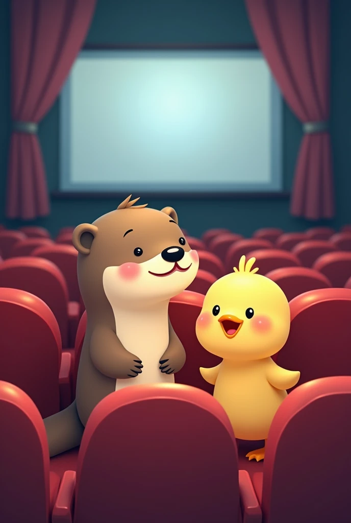 An otter and a chick in the cinema, drawn as simple emojis 