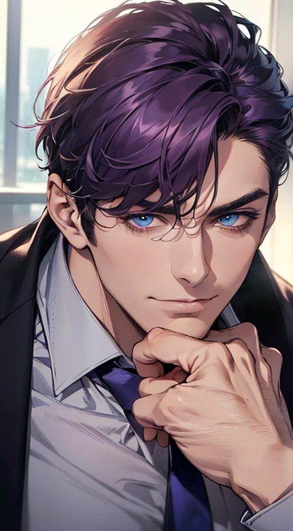 (best quality,4k,8k,highres,masterpiece:1.2),ultra-detailed,(realistic,photorealistic,photo-realistic:1.37),1 man,3,mature man,very handsome,without expression,smile,short purple hair,blue eyes,penetrating gaze,perfect face without errors,imposing posture,businessman,office background,cinematic lighting,hdr image