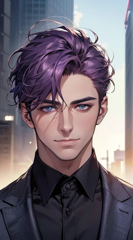 (best quality,4k,8k,highres,masterpiece:1.2),ultra-detailed,(realistic,photorealistic,photo-realistic:1.37),1 man,3,mature man,very handsome,without expression,smile,short purple hair,blue eyes,penetrating gaze,perfect face without errors,imposing posture,businessman,office background,cinematic lighting,hdr image