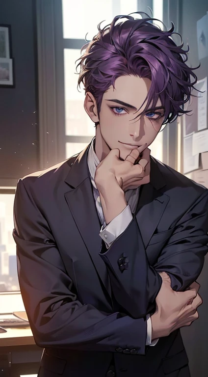 (best quality,4k,8k,highres,masterpiece:1.2),ultra-detailed,(realistic,photorealistic,photo-realistic:1.37),1 man,3,mature man,very handsome,without expression,smile,short purple hair,blue eyes,penetrating gaze,perfect face without errors,imposing posture,businessman,office background,cinematic lighting,hdr image