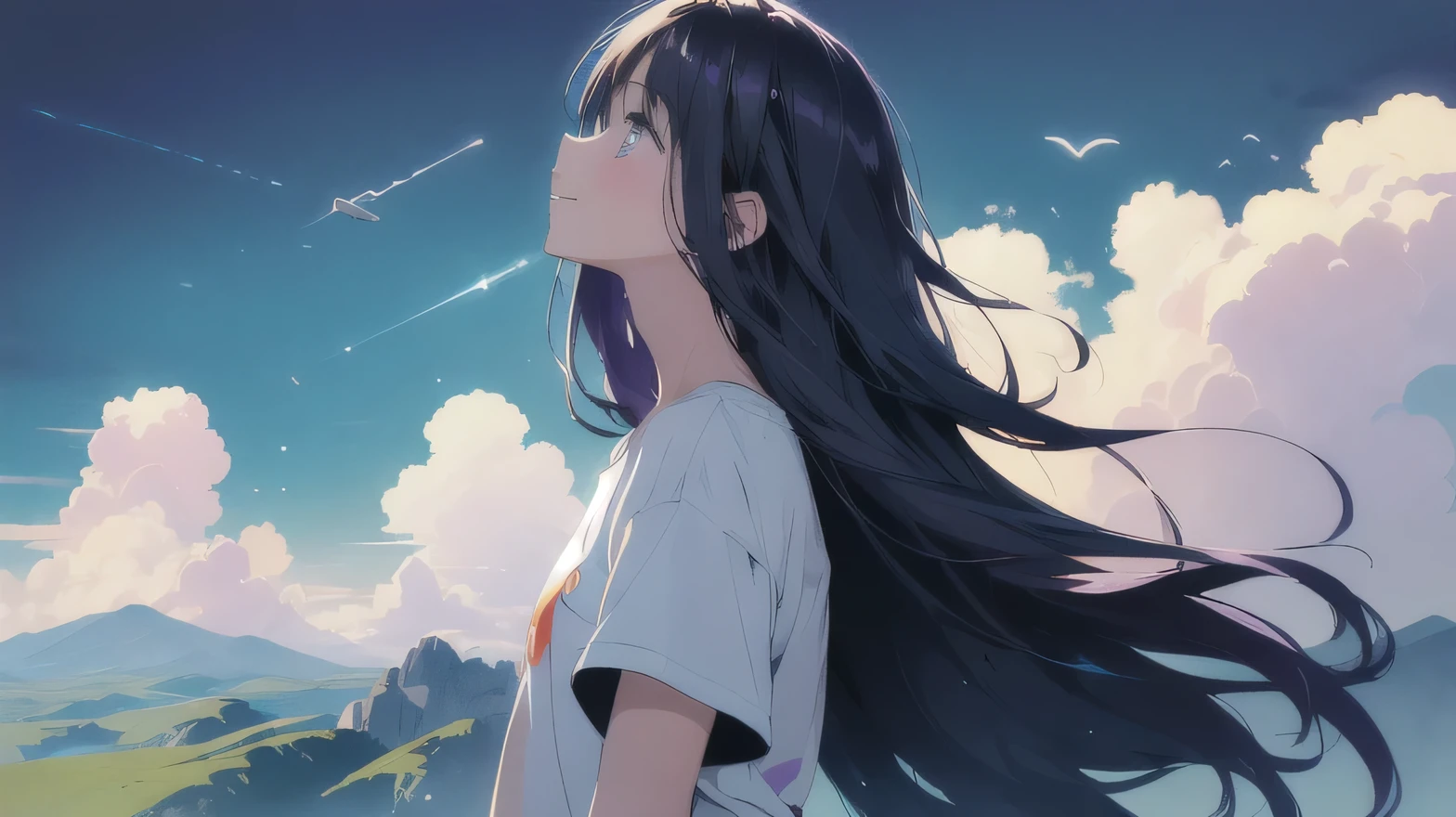 Masterpiece, best quality, Close view, glowing sky, vast world, girl, staring, happy expression, distant horizon, clouds, high hills, natural beauty, inspiration, light effects, (violet long hair) and (violet eyes),, (T-shirt) and (shorts), big smile, happy, ((looking up)), (((bold outline))), vector art, painted in solid color