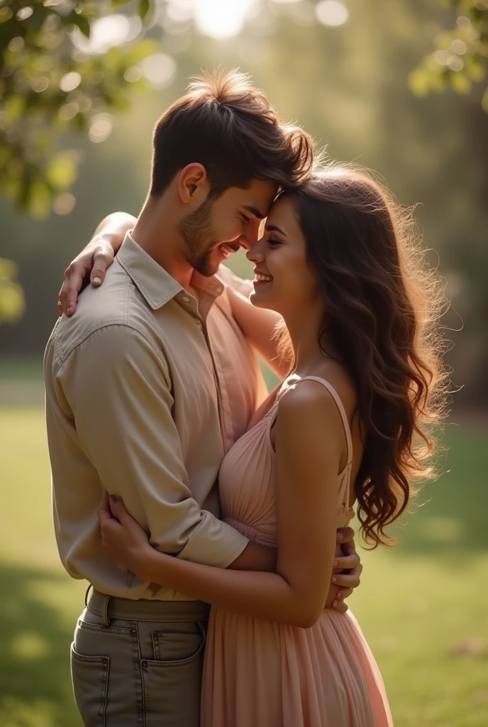 Brunette with curly hair wearing a dress and taking a selfie with her boyfriend hugging her from behind
