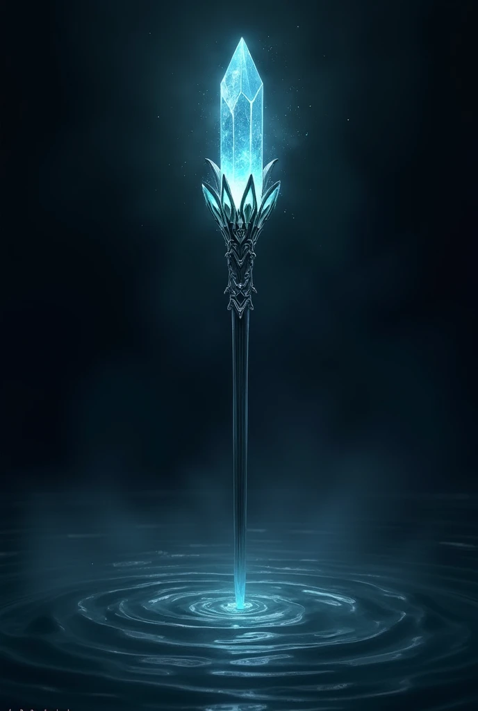 A staff with wave-shaped crystal details at the tip, waters around him and a black background behind him