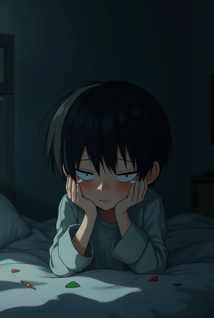 Black haired boy crying a lot in a dark room