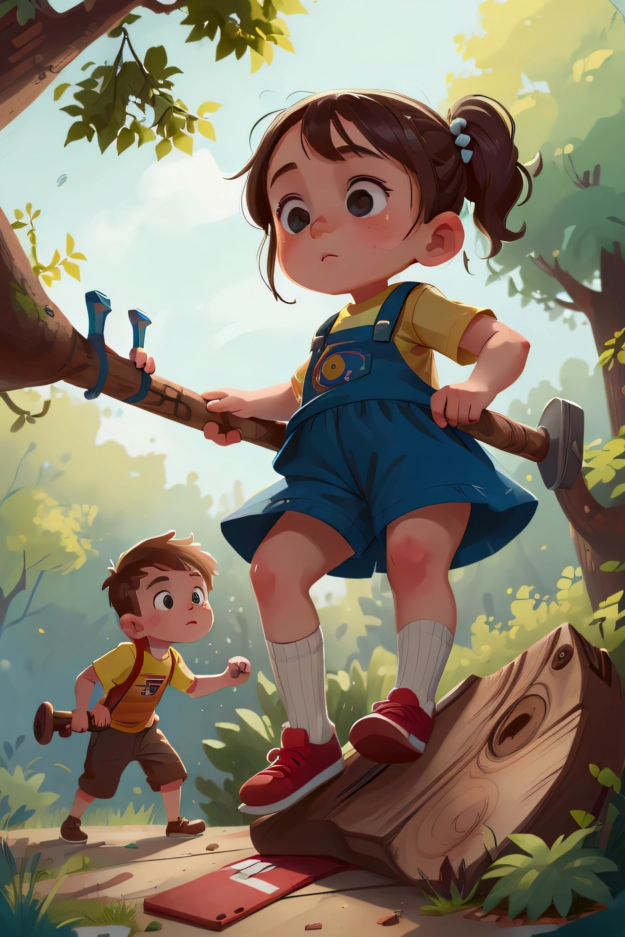 A girl named Emma holding a ladder steady while a boy hammers a plank on a tree branch, with other kids busy with tools around them.