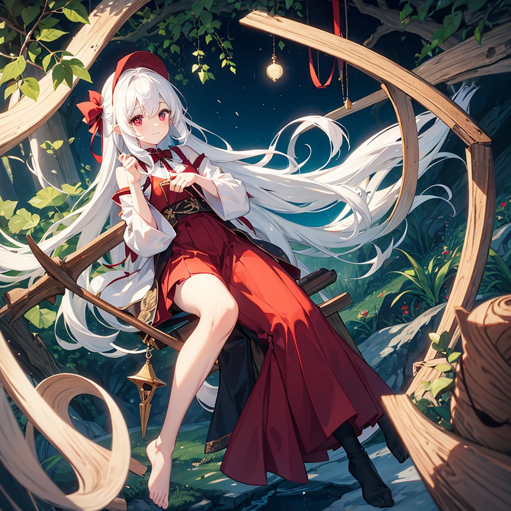 1 , shy face, Eyes red, finger on the cheek, rosy cheeks, white hair with black roots, Coke, holding wooden staff with a bow, plant grows on your legs, without shoes, (flying in the air), forest environment, nightfall, eyes large