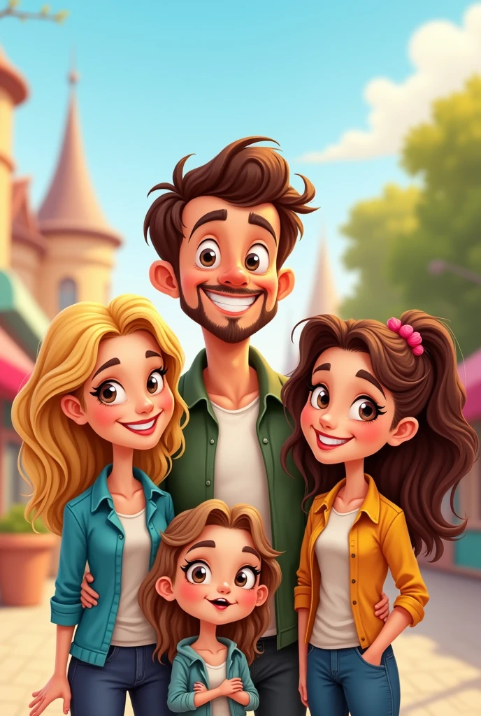 cartoon of a man accompanied by his 2 sisters, one with blonde hair and the other with brown hair, and his teenage daughter.