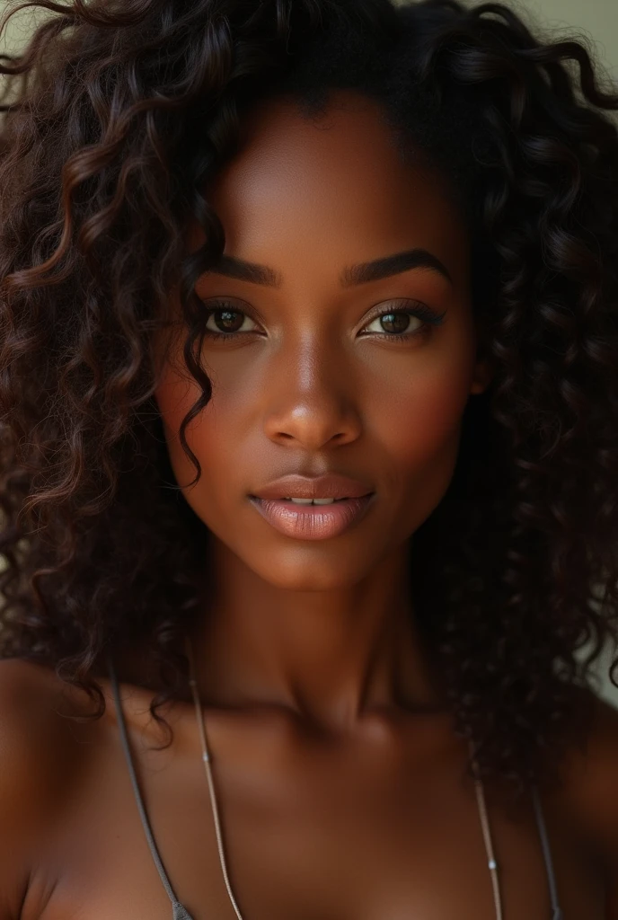 Une jolie femme à la peau marrons , avec de long cheveux boucle 4a et volumineux avec une regard hypnotique