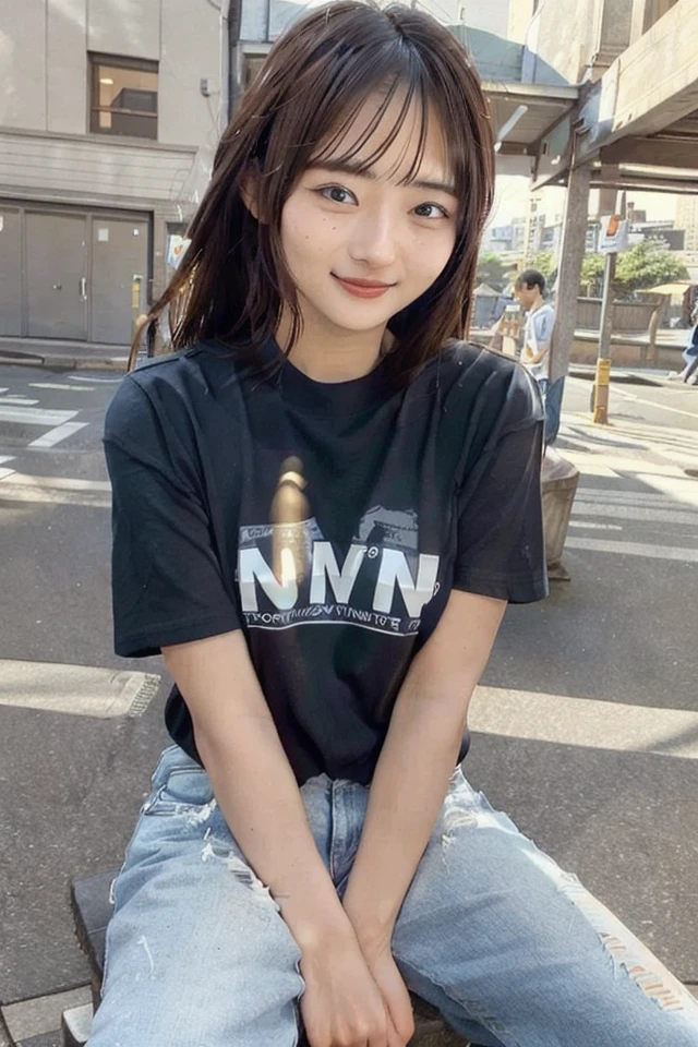 (skin blemish:0.8), (skindentation), black eye, 1woman, 25yo, (((woman))), solo, realistic, best quality, photorealistic, masterpiece, 8k, high res, solo, extremely detailed face, (professional lighting, bokeh), (light particles, lens flare, glowing particles:0.6), (dynamic pose:0.8), soft lighting, top angle view, fashionable and trendy atmosphere, Japan, tokyo, playground, street, city, shop, river, ((daytime)), sky, ((looking at the viewer:1)), (looking at the camera),(portrait:0.6), cowboy shot, gorgeous, sitting, hands down, keep original facial proportion, wide shoulder, full body, (medium breast), (long hair), brown hair, floating hair, lips, lipstick, seductive smile, floating hair, smile, open_mouth, teeth, T-shirt, round neck T shirt, shorts, jeans, eyelashes, mole, (mole under eye:1),   