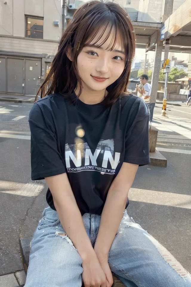 (skin blemish:0.8), (skindentation), black eye, 1woman, 25yo, (((woman))), solo, realistic, best quality, photorealistic, masterpiece, 8k, high res, solo, extremely detailed face, (professional lighting, bokeh), (light particles, lens flare, glowing particles:0.6), (dynamic pose:0.8), soft lighting, top angle view, fashionable and trendy atmosphere, Japan, tokyo, playground, street, city, shop, river, ((daytime)), sky, ((looking at the viewer:1)), (looking at the camera),(portrait:0.6), cowboy shot, gorgeous, sitting, hands down, keep original facial proportion, wide shoulder, full body, (medium breast), (long hair), brown hair, floating hair, lips, lipstick, seductive smile, floating hair, smile, open_mouth, teeth, T-shirt, round neck T shirt, shorts, jeans, eyelashes, mole, (mole under eye:1),