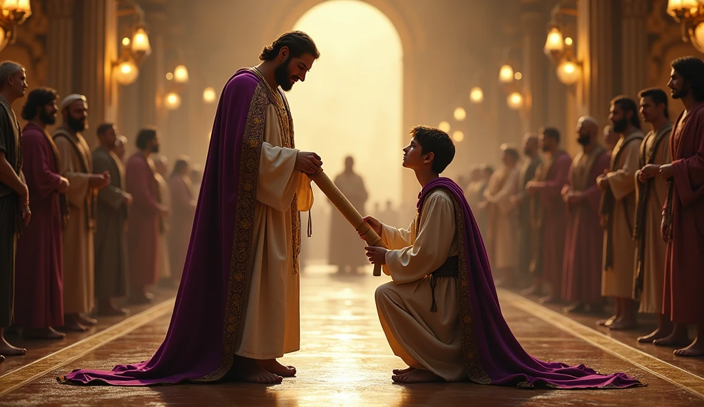 Crie uma imagem hiper-realista e misteriosa de Solomon em uma vasta sala do trono, where he is handing a sealed scroll to a young and determined figure, who kneels before him. Solomon, dressed in a long tunic of white linen with gold embroidery and a richly decorated purple cloak, smiles approvingly as golden light from large arched windows illuminates the scene, symbolizing the transmission of knowledge and wisdom. Ao fundo, a crowd of people dressed in typical biblical tunics look on with expressions of respect and admiration. The scene should evoke the idea that this guide is the key to achieving the desired peace and wealth., and that the time to act is now.