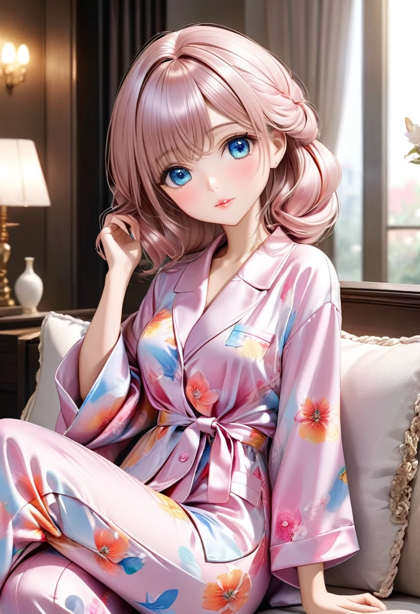 (masterpiece, best quality: 1.2),Barbie doll, ,Exquisite eyes,, ((Silk pajamas))Sitting on the sofa(8K)(HD)