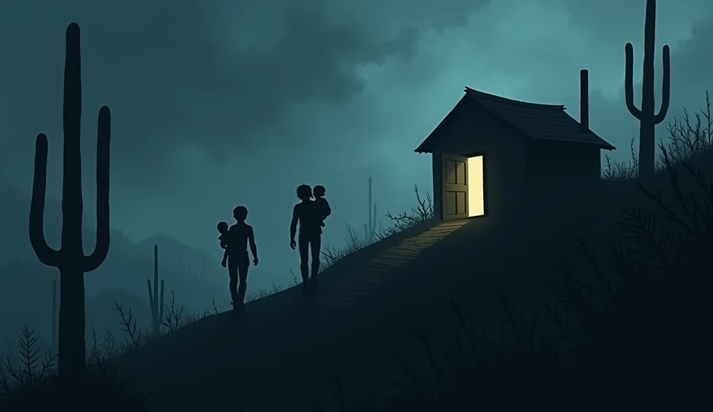 A small isolated cabin on top of a hill, surrounded by dense fog and twisted cacti in shadows. The main door is ajar, with a dim light flickering from within. The darkness of the night and the sharp silhouettes create an eerie and ominous atmosphere.. A father carries his son in his arms with difficulty up the hill towards the cabin.