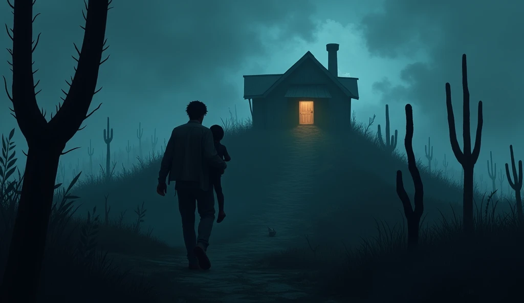 A small isolated cabin on top of a hill, surrounded by dense fog and twisted cacti in shadows. The main door is ajar, with a dim light flickering from within. The darkness of the night and the sharp silhouettes create an eerie and ominous atmosphere.. A father carries his son in his arms with difficulty up the hill towards the cabin.