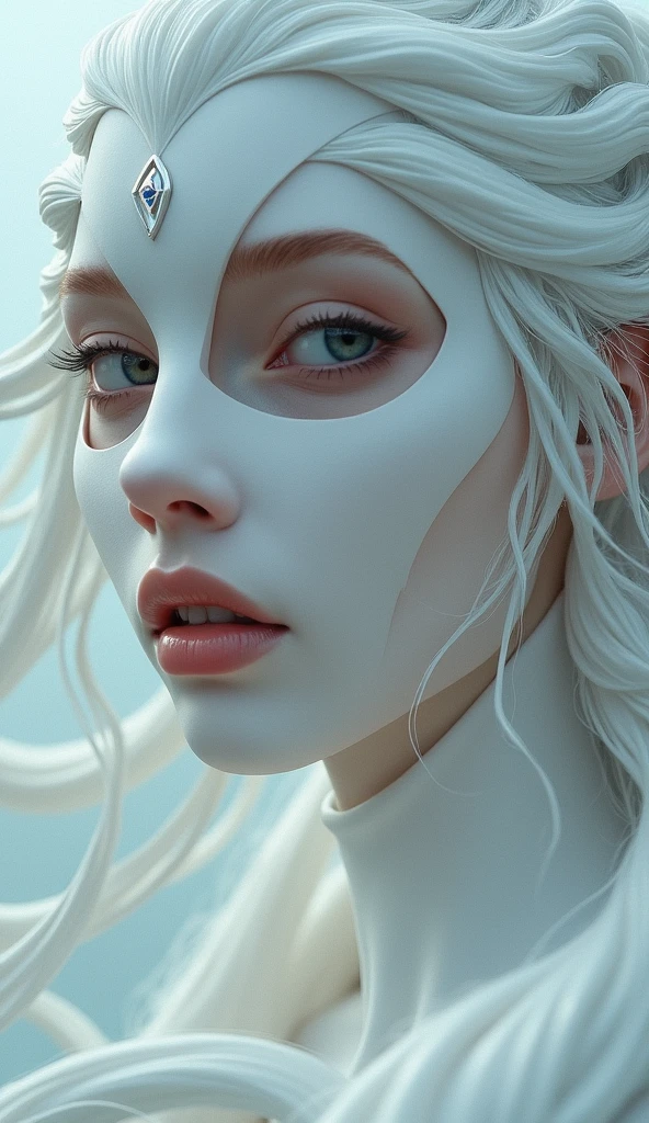 a close-up of a woman with white hair and a white mask, beautiful character painting, Guweiz, artwork in the style of guweiz, white haired deity, 由杨J, epic and exquisite character art, stunning character art, por Fan Qi, por Wuzhun Shifan, guweiz on pixiv artstation