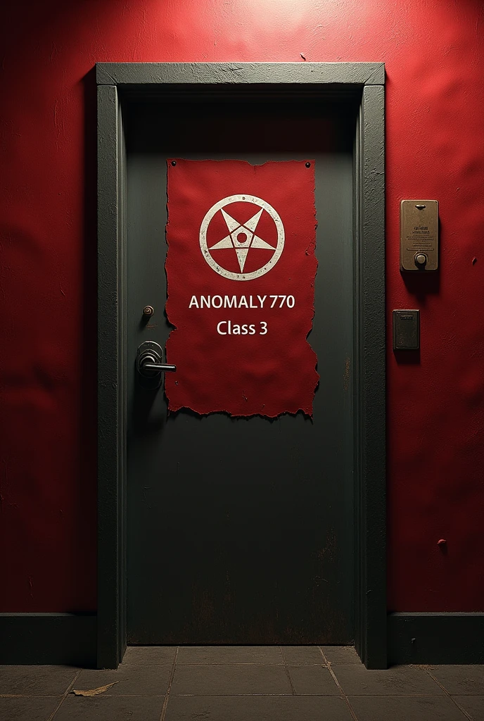 A door to the Anomaly detention room with red paper on the wall that says Anomaly 770 class 3, the name of the Anomaly, the Anomaly's head, and a paper logo on the wall showing its class.
