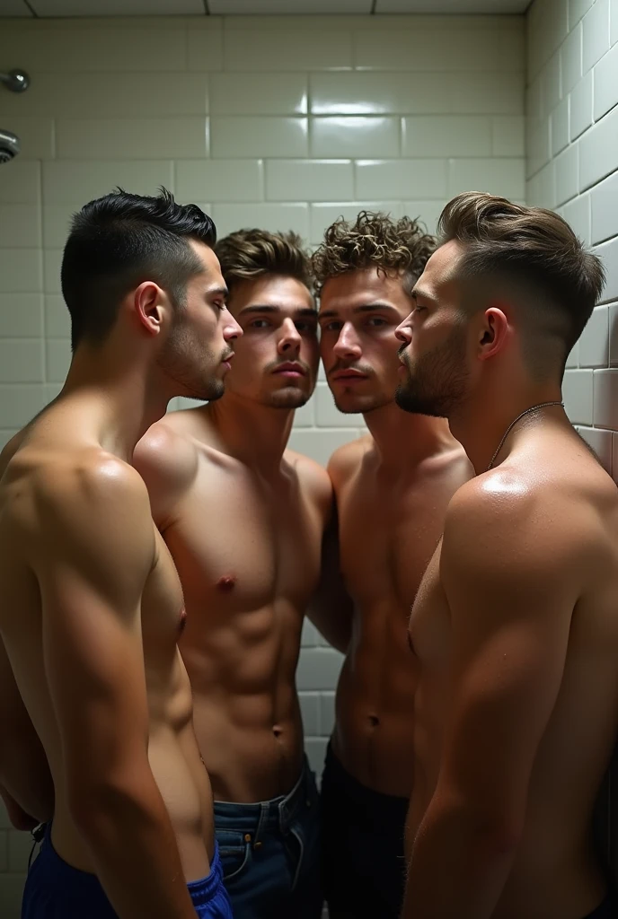 Sweaty almost naked boys group in a shower or locker room with lust in their eyes gayish make some of them kiss and some fucking habd jobs also
Make looklike an orgy with more people
Some should be nude and atleast 10-15 people some kissing some fucking some giving a blowjob some handjob. Make many pictures nude boys dicks visible