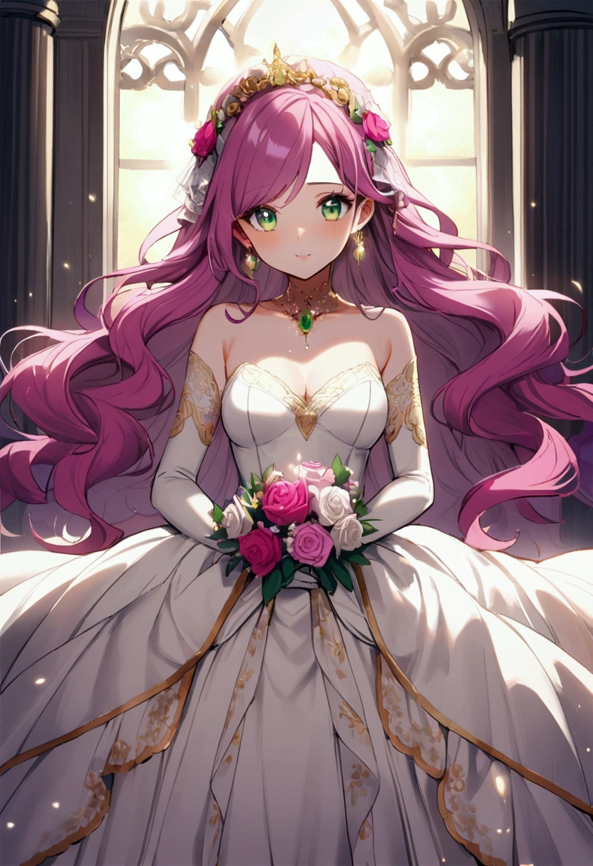 30 years old girl, fuchsia hair, long hair, wavy hair, pink eyebrows, green eyes, wearing gold earrings, wearing a wedding dress