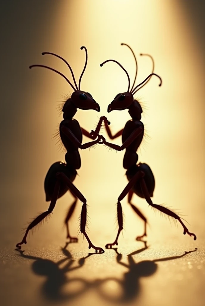 Create an image showing ants dancing tango. The image must be taken against the light, so that the shadows and profiles of the ants stand out very clearly. The ants must be in a dance position, Capturing the movement and grace of tango, with its antennae and legs in elegant positions. Make sure the image has a high level of detail, especially in the texture of the ants and the projected shadows. The backlight should be diffuse and soft., creating a dramatic effect that accentuates the silhouette and shape of the moving ants. The overall atmosphere should be evocative and artistic., with a focus on contrast accuracy.