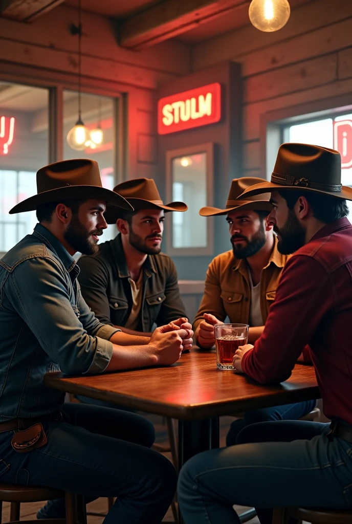 4 handsome beautiful men sharing together in a cowboy bar and 1 of their boss interrupts them 