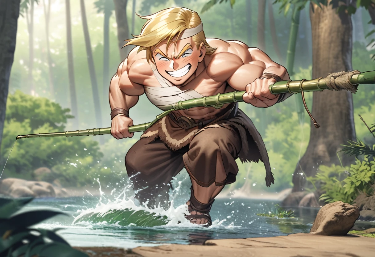 Donald Trump (bandage on one ear, happy grin, muscular, conan outfit) is fishing with a bamboo fishing rod, he is bringing in a large fish that is thrashing, forest pond