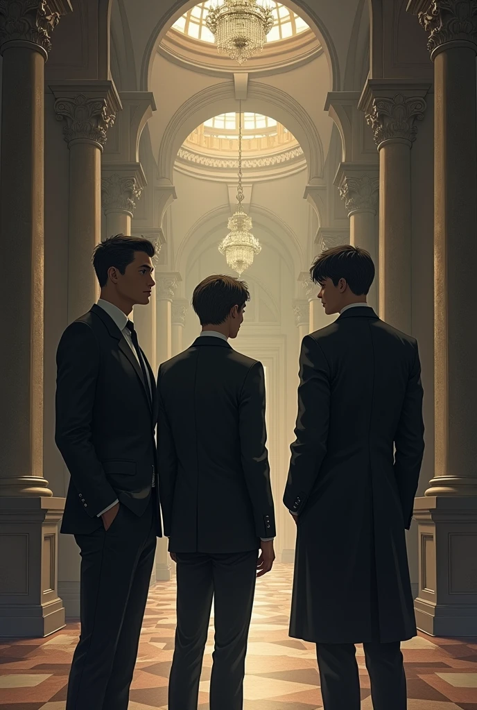 Make a calm environment in a hall of four young mafia boys three of them are elder and one younger boy.