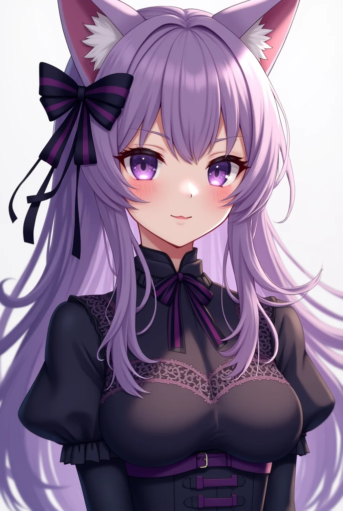 an anime girl, long purple hair cat ears, elongated dark purple eyes, Victorian style black dress with purple details, smiling, some black boots