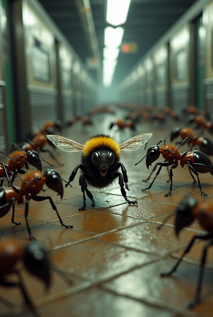 at the subway , he saw a group of ants harassing a female bumblebee