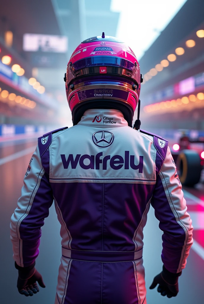 Formula 1 racer from behind in a white and purple outfit 

