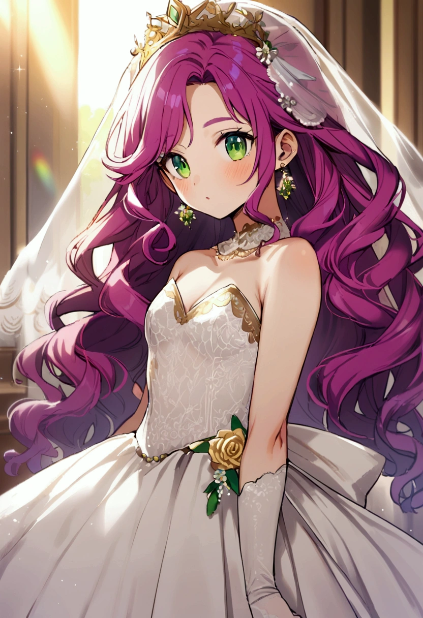 30 years old girl, fuchsia hair little purple, long hair, wavy hair, pink eyebrows, green eyes, wearing gold earrings, wearing a wedding dress