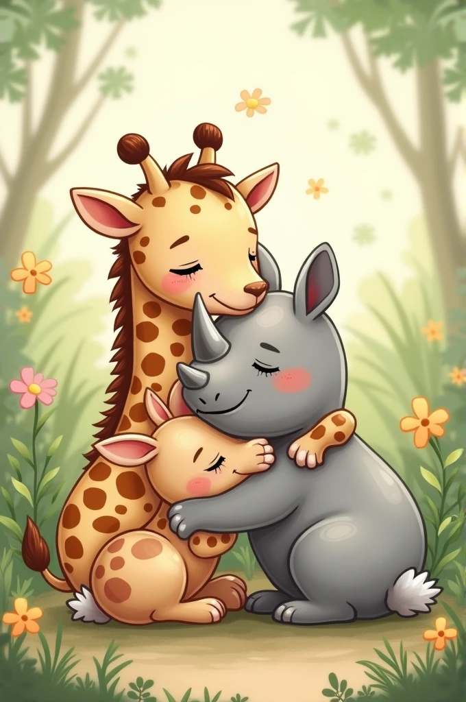 Baby giraffe drawing, baby rabbit and baby rhino hugging each other
