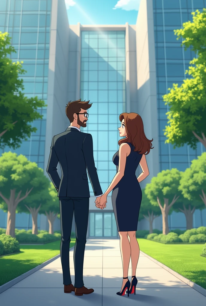 I want an animated image of a company that is a large and spacious building with green areas,  and that company is business with a woman and man holding hands,  ( The Man with Glasses ), both elegant , and that the Company has the letter R and the letter W.