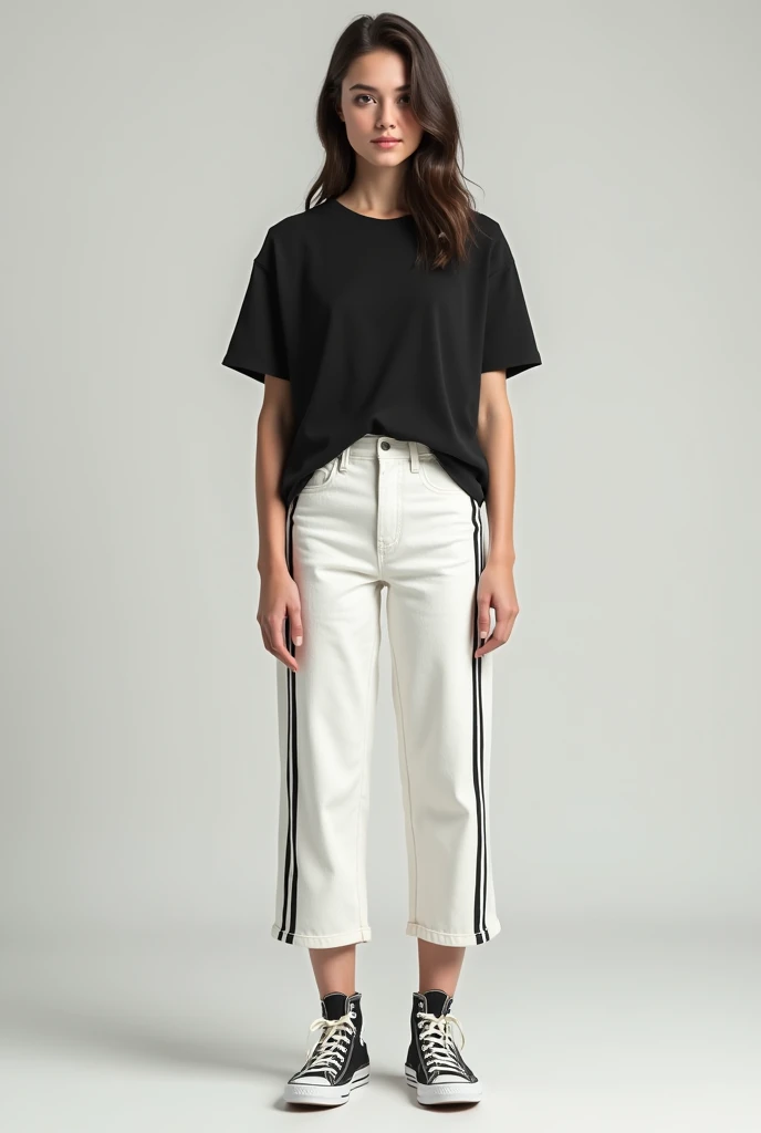 Make a girl wearing a normal black shirt, wearing a white with a veritical stripes all over the cropped pants that is 2 inches below the knee and a chuck taylor black hugh cut. Make the pants white with grey stripes