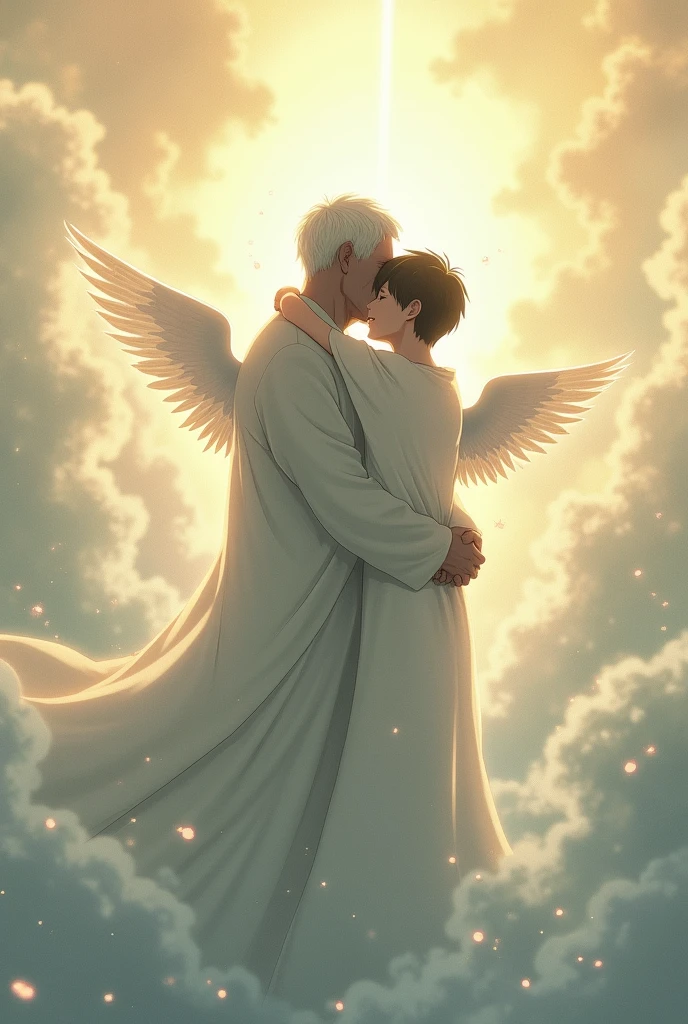 Draw an anime drawing of a dead grandfather holding his dead grandson. They are in the heaven and became angels and have small wings. There faces should not be visible or blurred.