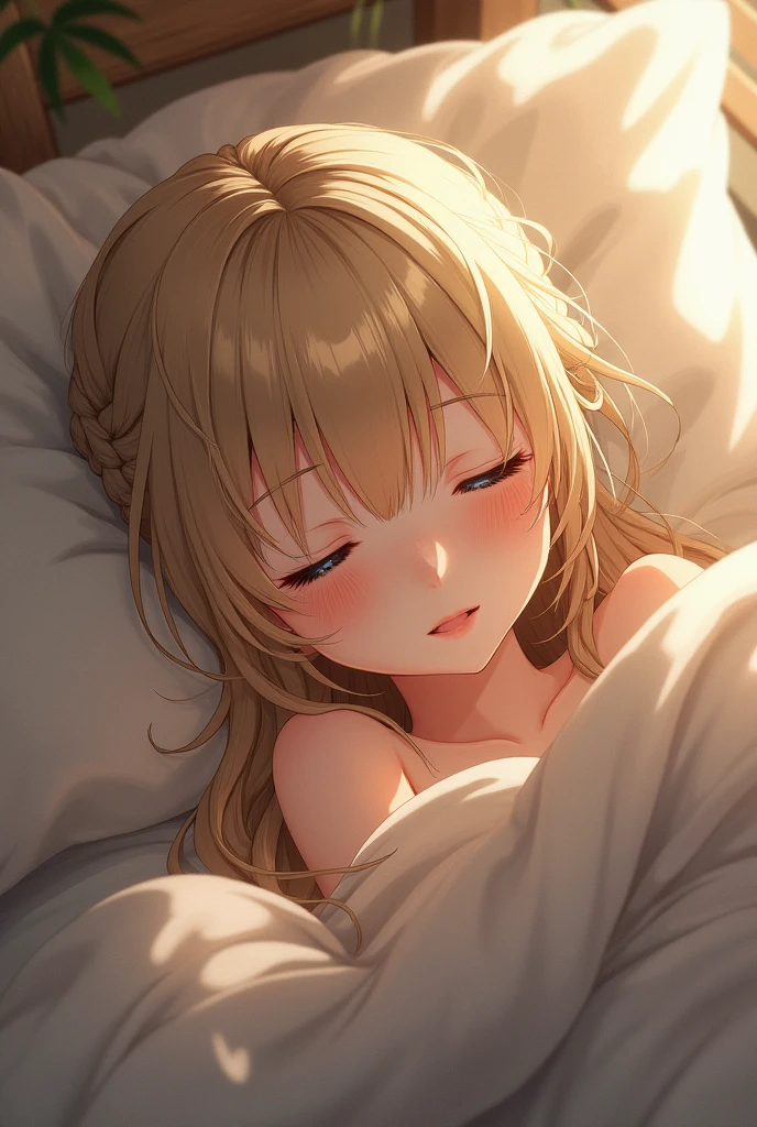 futon, pillow, close your eyes, bed, Sleep, Black Hair, Lie in, Under the cover, blanket, Lie in, blanket, Under the cover, indoor,, ultra detailed, masterpiece, Highest quality, beautiful, detailed,, alone, A kind smile, A light smile,
One person, blue eyes, Very long hair, Blonde, long Blonde, French Braid, bangs,