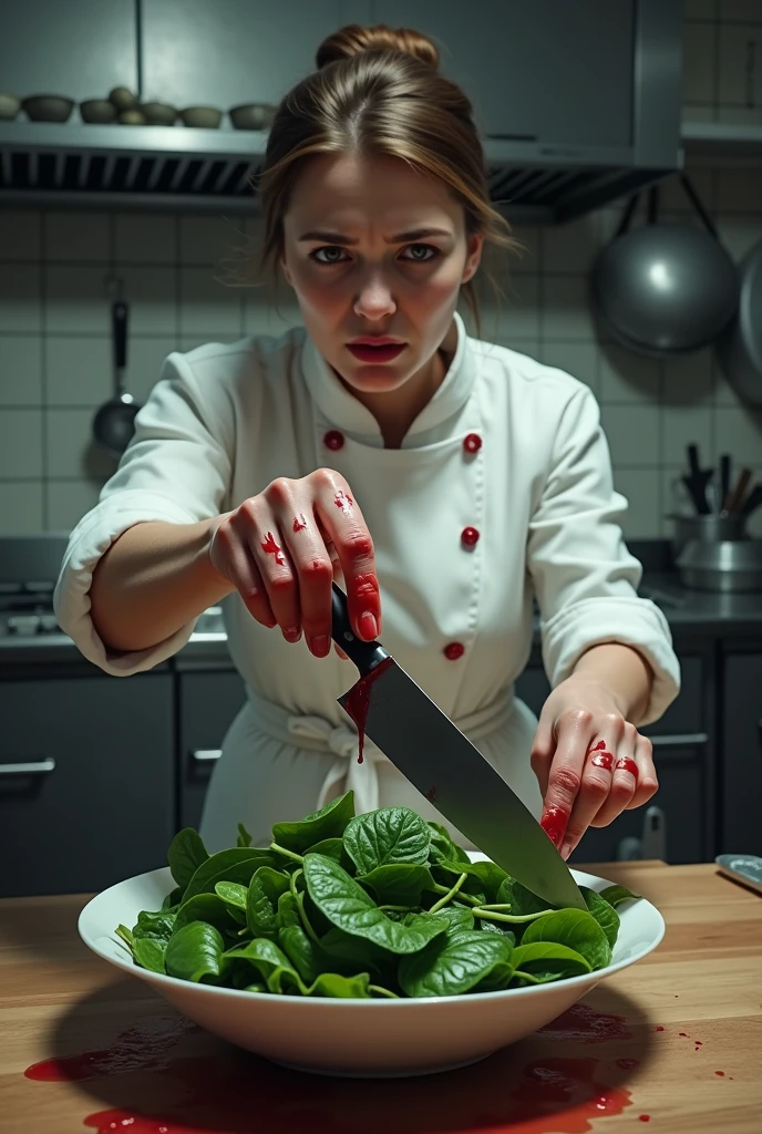 Create an image of a woman chef cooking and accidentally cut her fingers, her blood dripped into a bowl of spinach she prepared.