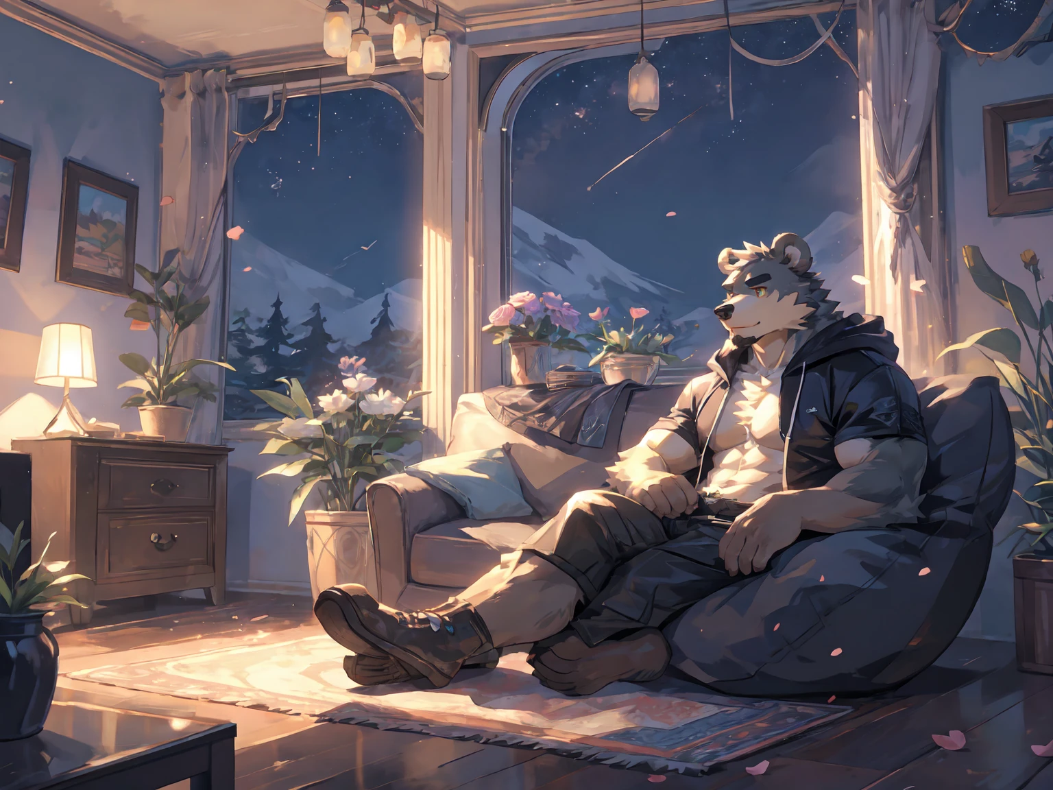 (masterpiece:1.2), best quality,pixiv,official art,perfect anatomy, (Ray tracing, light),solo, (1_male:1.3) , (muscle), (grey fur:1.4), (muscle bear), (beard:1.2), (gleaming golden eyes), bear tail, full body, Thick black eyebrows,(open short hoodie), (naked inside:1.2),cargo shorts, black short boots, (indoor:1.3),room, living room, flower, petal, star, sky , starry, rose ,milky way,rest on sofa, beanbag, beanbag sofa