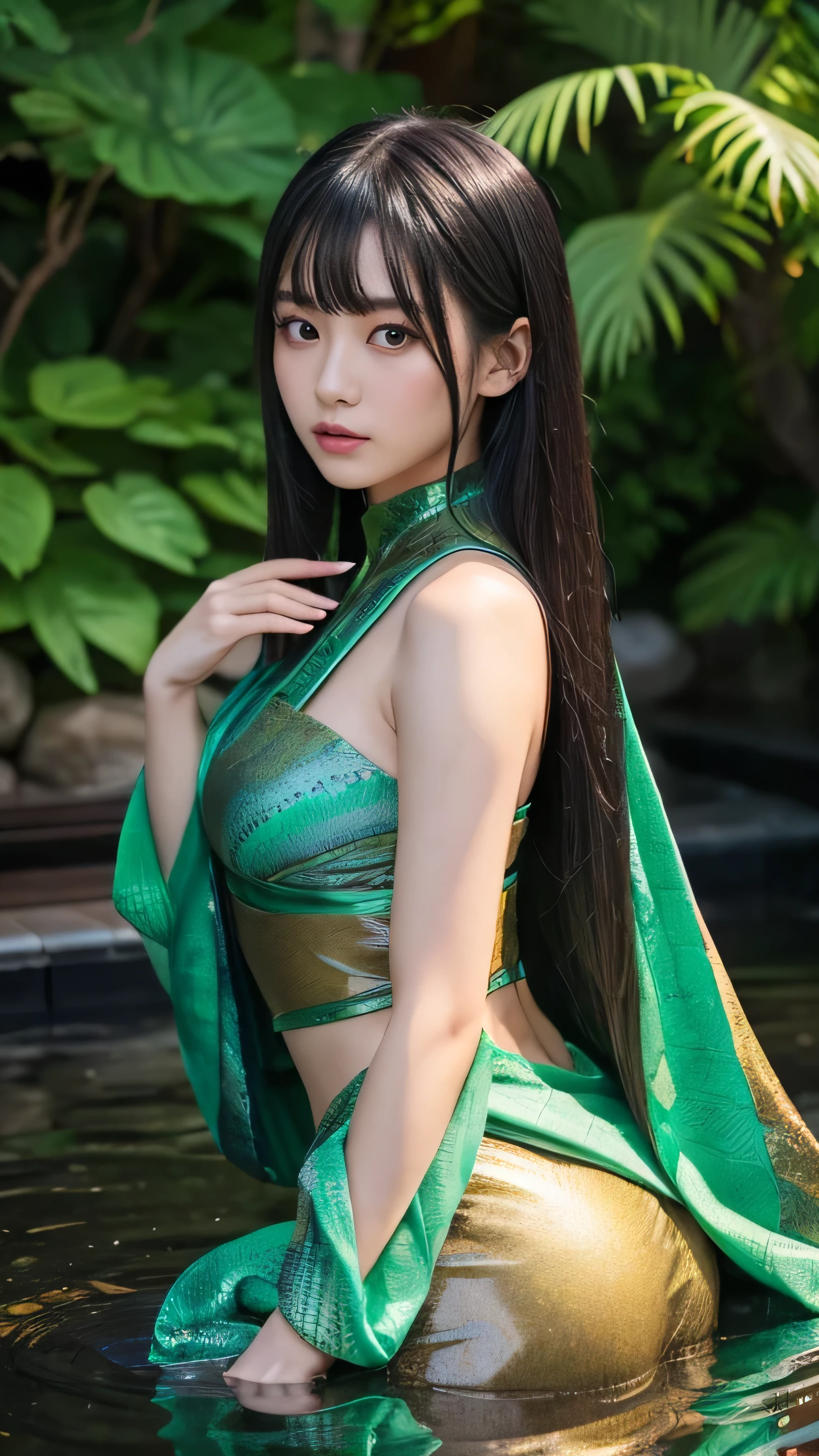 **Prompt:** Create an ultra-realistic 8K resolution image of a Basilisk reimagined as an ultimate Japanese girl while retaining the iconic features of the legendary serpent. The girl has long, silky black hair with iridescent, scaly highlights resembling a Basilisk's serpentine texture, cascading down her back. Her eyes are a striking amber, with slit pupils that glow faintly, exuding an aura of mystique and danger. Her skin is smooth, with subtle scale-like patterns along her arms and neck, adding to her otherworldly beauty. She wears a modernized kimono in deep emerald and gold tones, with patterns resembling a serpent's scales, and a hint of traditional elegance mixed with a mysterious allure. The background is a serene Japanese garden at twilight, with the moon casting a soft glow, reflecting off a koi pond, enhancing her ethereal presence. The image captures the fusion of the Basilisk's deadly charm with the grace and beauty of an ultimate Japanese girl.