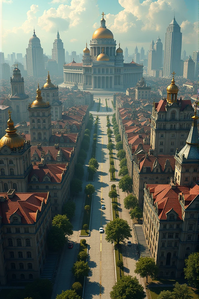 A city divided into two sectors, a poor sector with small houses, another rich sector of ostentatious houses and buildings