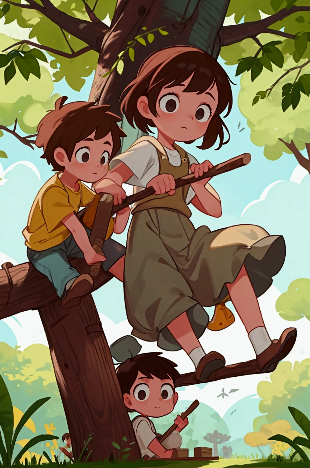 Two girls, twins, curly brown hair, on the swing of the park