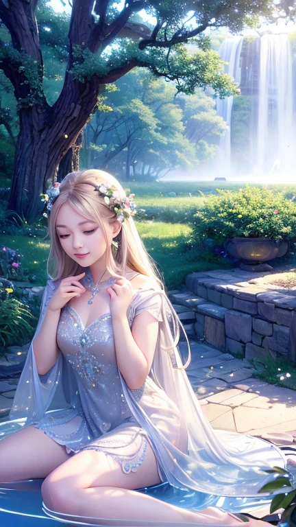 (Highest quality,4K,High resolution,Very detailed,Realistic:1.37),Vibrant colors,sunlight,light,bergamot,White flower,beautiful girl,exquisite features,Flowing Hair,Calm expression,Garden setting,Elaborate Dress,Soft sunlight,Breeze,Bright atmosphere,Backlit scene,Signs of a smile,Mysterious glow,Morning is refreshing,Long Shadow,Harmony of Nature,Subtle reflection,Natural Beauty,Sparkling dew,Clear details,Peace and tranquility,Sublime Material,Arrive at the branch,Whispering leaves,Petals in aromatherapy,The light shines,Shining Highlights,Subtle Shadows,Soft Focus,Sublime Beauty,Whispering Nature,A fantastic atmosphere,Illuminated Background.