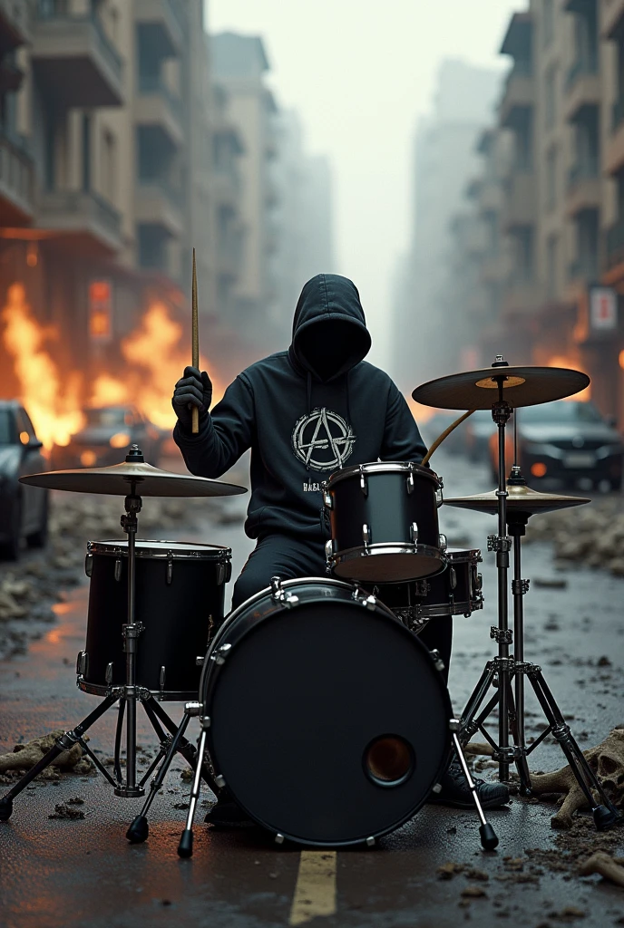 Drummer dressed in a hoodie, blouse with anarchy symbol print, playing on his complete black drum kit, on the street of the war-torn and burning city, cars destroyed in flames, skeletons of dead soldiers lying beside