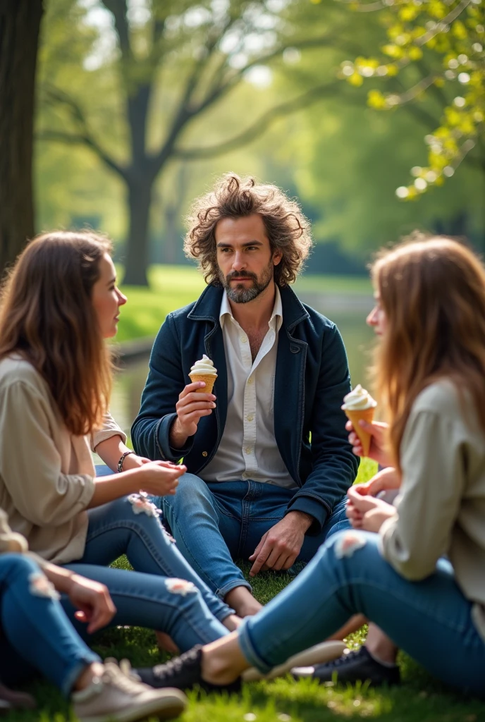 Takes a photo of Beethoven and new jeans eating ice cream in a park