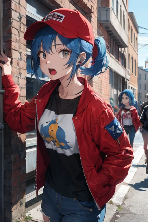 1 female, tomboy, cap, red jacket, t-shirt, blue demin jeans, blue punk hair, earrings, guitar, scream, drums, band room