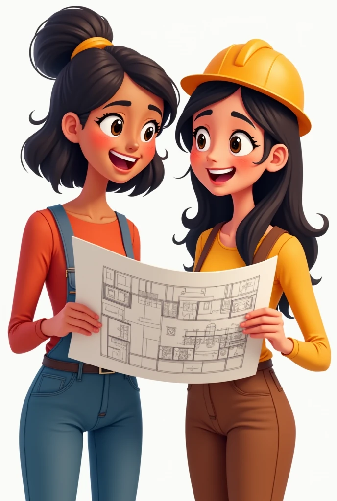 2 Peruvian young woman with thoughtful excited face holding construction plans in her hand PNG (as if he were planning his new home) animated format/CARTOON JUST A WOMAN WITHOUT CONSTRUCTION CLOTHES, THAT IS, WITH NORMAL CLOTHES