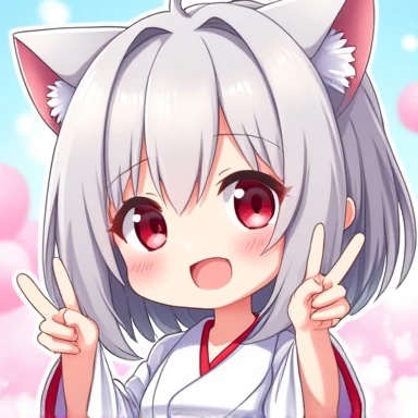 One Woman,Gray Hair,Cat ear,((Chibi Character)) ,Red eyes,,White kimono,peace sign,smile,Please enter text in the bottom right corner of the fantasy image,A very popular font,