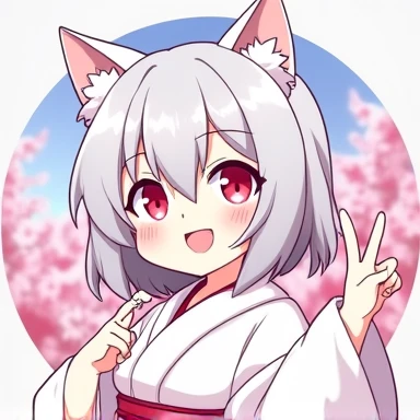 One Woman,Gray Hair,Cat ear,((Chibi Character)) ,Red eyes,,White kimono,peace sign,smile,Please enter text in the bottom right corner of the fantasy image,A very popular font,