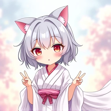 One Woman,Gray Hair,Cat ear,((Chibi Character)) ,Red eyes,,White kimono,peace sign,smile,Please enter text in the bottom right corner of the fantasy image,A very popular font,