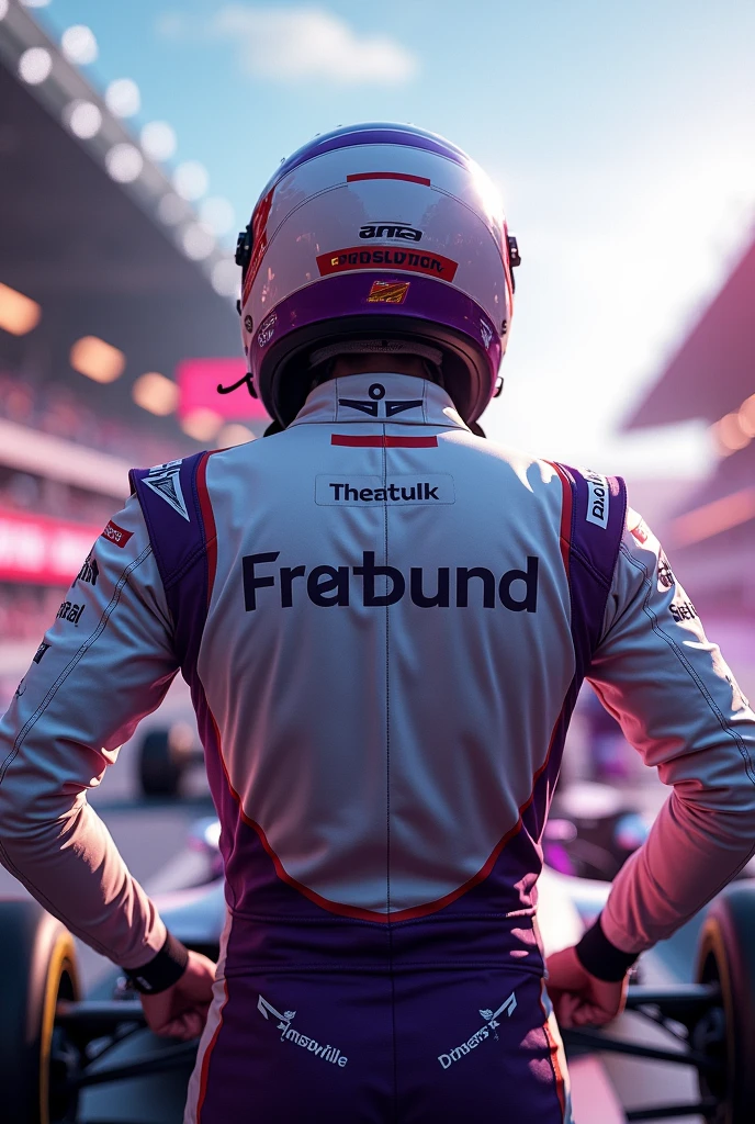 Formula 1 racer from behind in a white and purple outfit 

